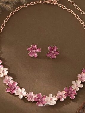 Pink Floral Necklace and Earring Set – Women Jewelry